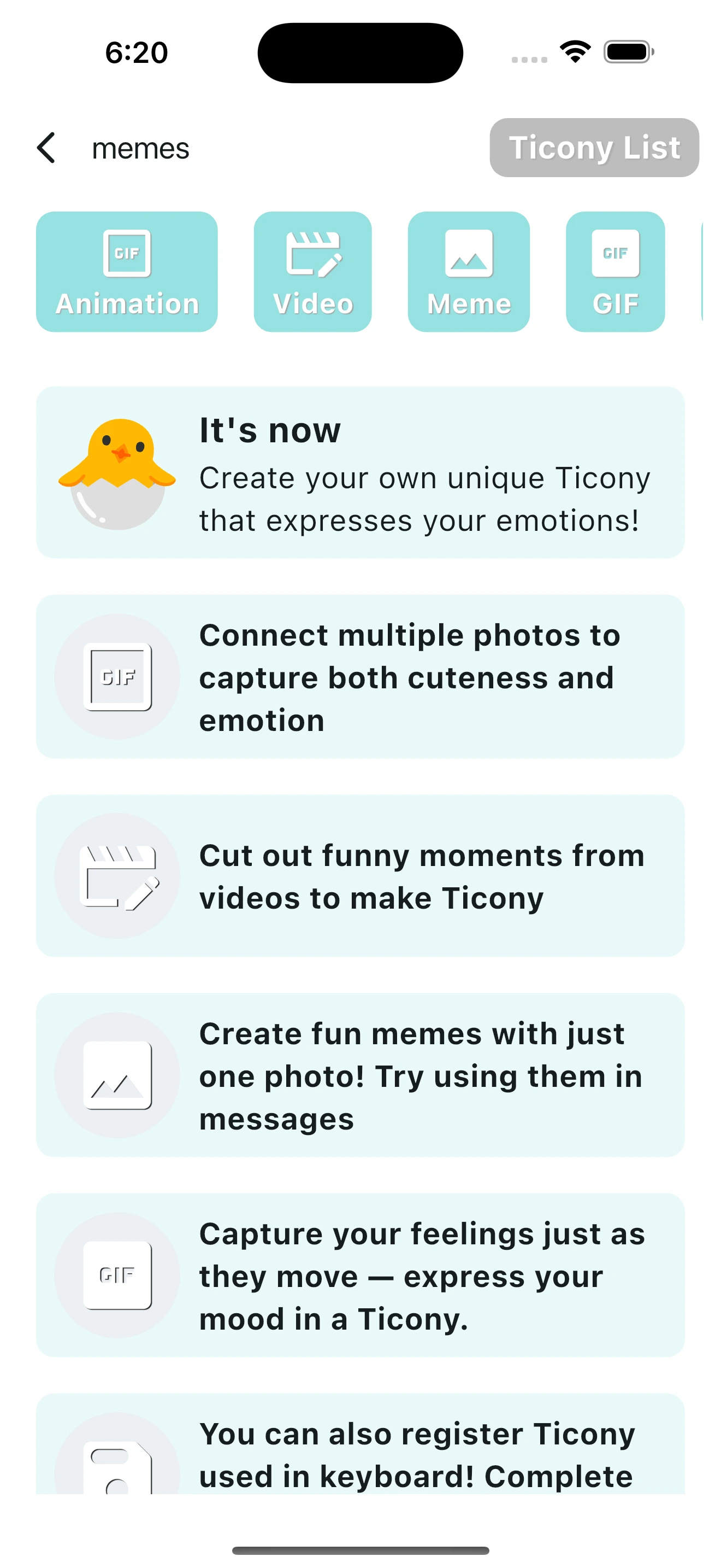 Ticony — Create memes and emoji from photos and videos, and instantly use and share them within Flexeam's MemeTalk